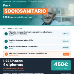 Pack Sociosanitario 1.225 h — 3 cursos + Alzheimer GRATIS